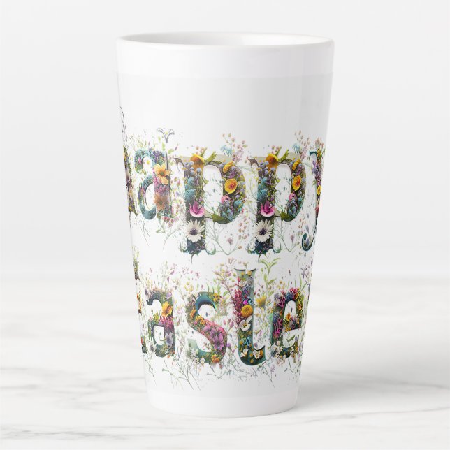 Happy Easter Decorative Wildflower text Latte Mug (Front)