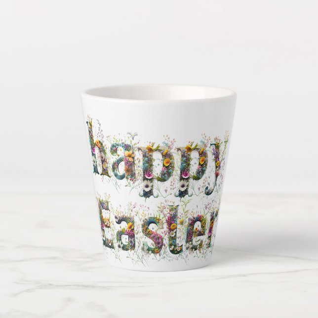 Happy Easter Decorative Wildflower text Latte Mug (Front)