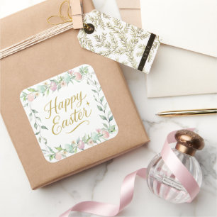 Happy Easter Digital Watercolor with Greenery Square Sticker