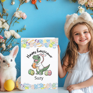 Happy Easter Dinosaur wearing a bunny coat, eggs Holiday Card