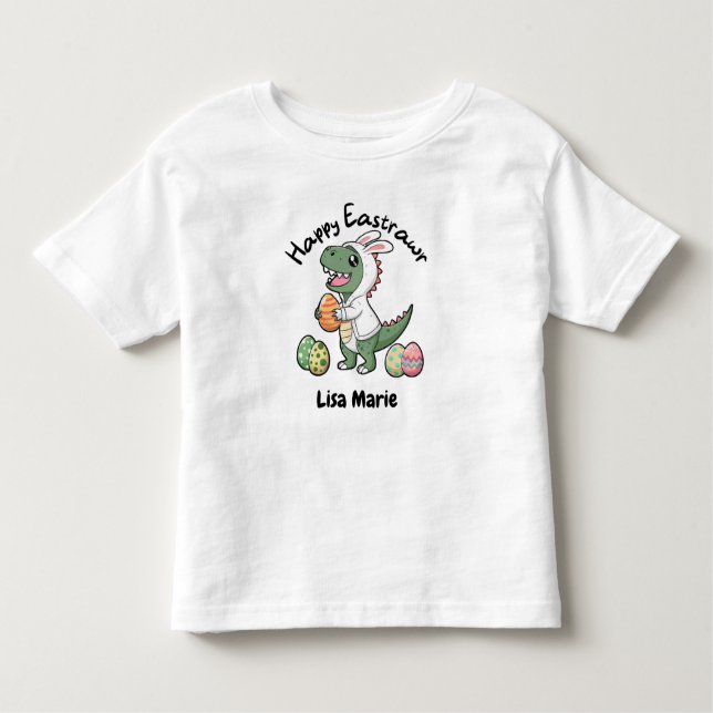Happy Easter Dinosaur Wearing a Bunny Coat, Eggs Toddler T-shirt (Front)