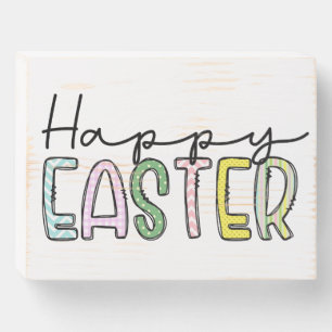 Happy Easter Doodle Font Pastel Wood Box Sign