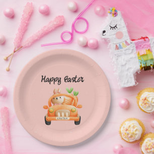 Happy Easter driver bunny on pink Paper Plates