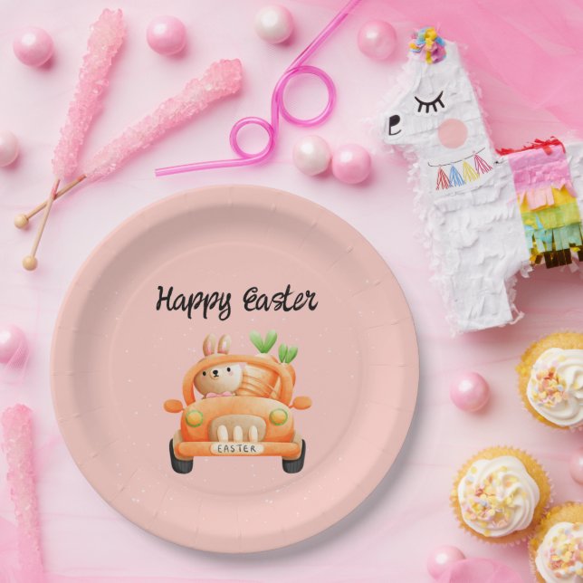 Happy Easter driver bunny on pink Paper Plates (Party)