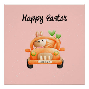 Happy Easter driver bunny on pink Poster