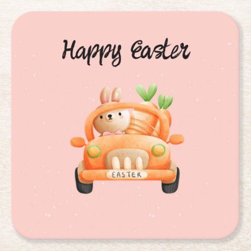 Happy Easter driver bunny on pink Square Paper Coaster