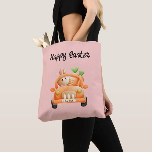 Happy Easter driver bunny on pink Tote Bag