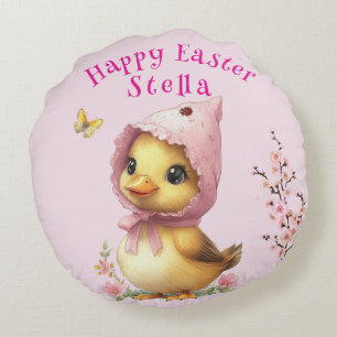 Happy Easter Duckling Ladybug Butterfly Round Pillow