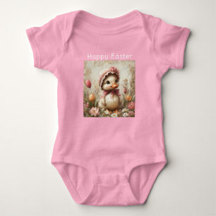 Happy Easter Duckling Pink Bonnet Tulips Daisies Baby Bodysuit