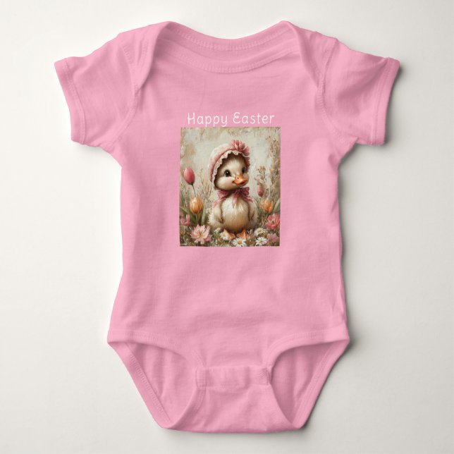 Happy Easter Duckling Pink Bonnet Tulips Daisies Baby Bodysuit (Front)