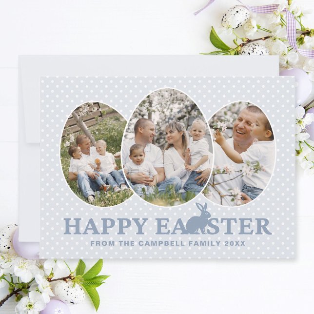 Happy Easter Dusty Blue Rabbit Custom Photo Eggs Holiday Card (Easter family photo collage card with egg-shaped photo frames, dusty blue text and bunny.)