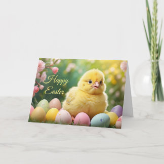 Happy Easter Easter Baby Chick with Painted Eggs  Holiday Card