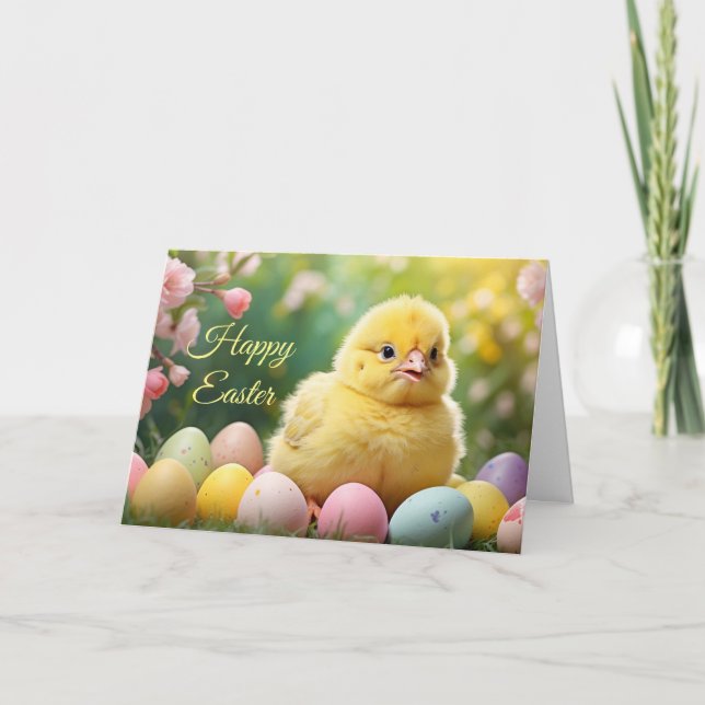 Happy Easter Easter Baby Chick with Painted Eggs  Holiday Card (Front)