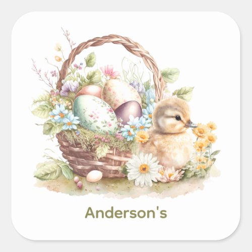 Happy Easter Easter Basket  Duckling Personalized Square Sticker