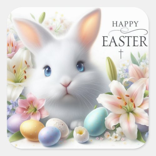 Happy Easter Easter Bunny Eggs and Flowers Square Sticker