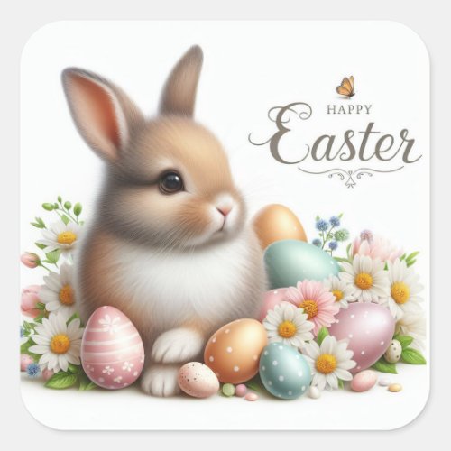 Happy Easter Easter Bunny Eggs and Flowers Square Sticker