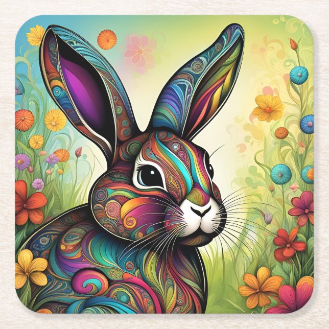 Happy Easter - Easter bunny in flowers Square Paper Coaster (Front)