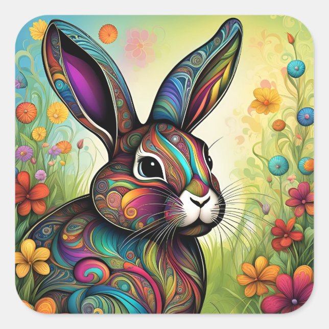 Happy Easter - Easter bunny in flowers Square Sticker (Front)