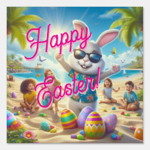 Happy Easter Easter Bunny on Beach Tapestry Sign