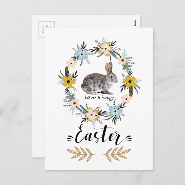 Happy Easter. Easter Bunny & Spring Flowers Holiday Postcard (Front/Back)