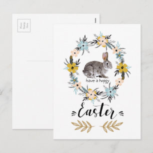 Happy Easter. Easter Bunny & Spring Flowers Holiday Postcard