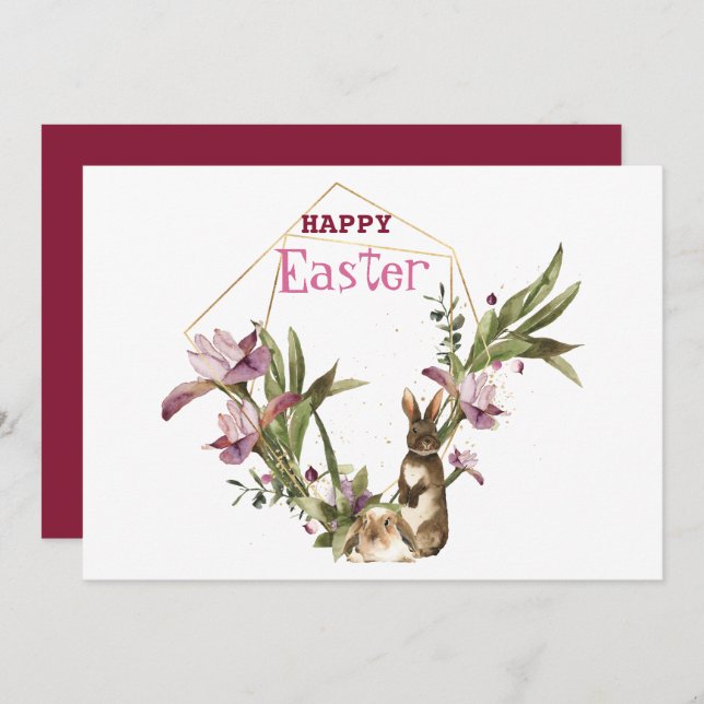 Happy Easter | Easter Bunny Violet Magnolia Wreath Holiday Card (Front/Back)