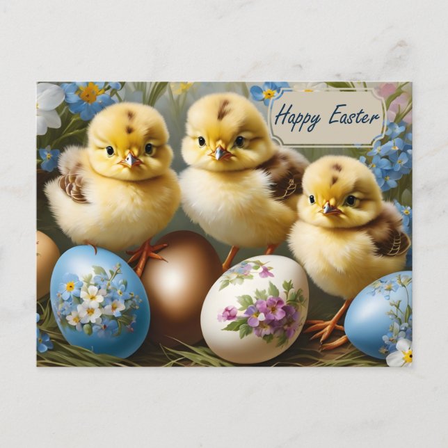 Happy Easter Easter Chicken with Floral Eggs Holiday Postcard (Front)