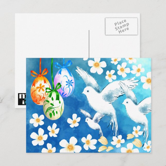 Happy Easter. Easter Eggs and Peace Doves Painting Holiday Postcard (Front/Back)