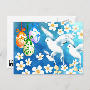 Happy Easter. Easter Eggs and Peace Doves Painting Holiday Postcard