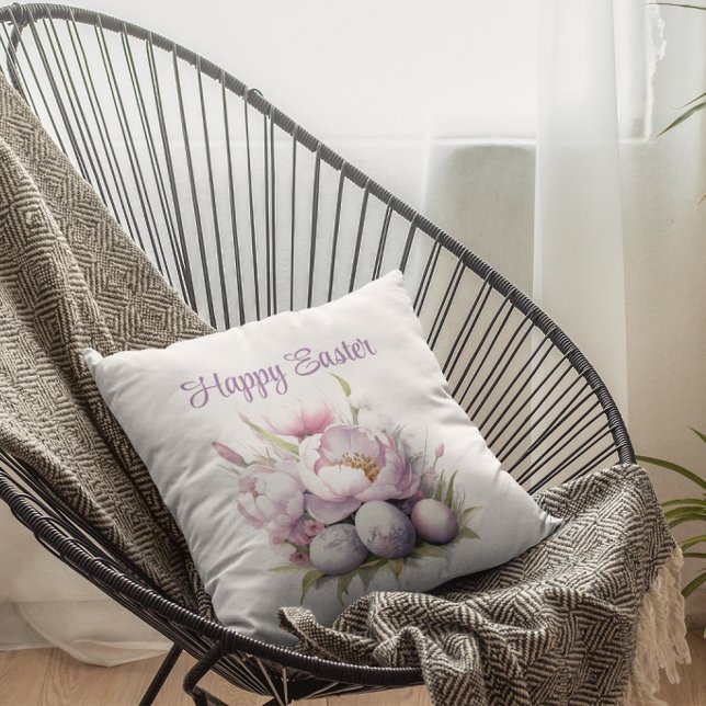 Happy Easter | Easter Eggs | Floral | Easter  Throw Pillow (Creator Uploaded)
