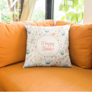 Happy Easter   Easter Eggs & Flowers Throw Pillow
