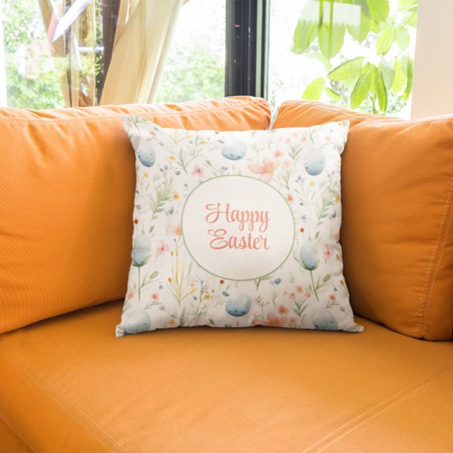 Happy Easter | Easter Eggs & Flowers Throw Pillow (Creator Uploaded)