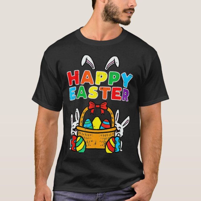 Happy Easter Egg Basket Bunny Ears T-Shirt (Front)