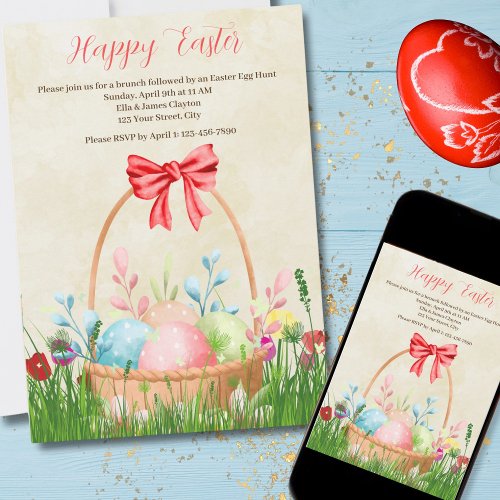 Happy Easter Egg Basket with Ribbon Invitation