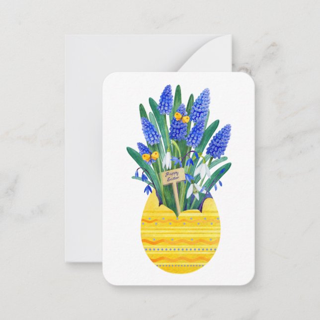 Happy Easter Egg & Blue Grape Muscari Flowers Note Card (Front)