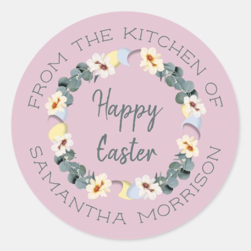 Happy Easter Egg Floral Wreath From The Kitchen Of Classic Round Sticker