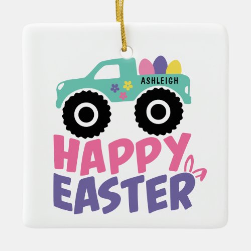 Happy Easter Egg Girly Truck Modern Name Ceramic Ornament