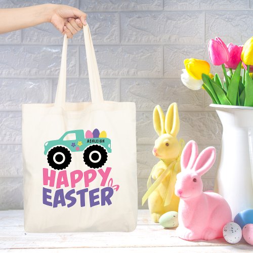 Happy Easter Egg Girly Truck Modern Name Tote Bag