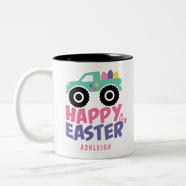 Happy Easter Egg Girly Truck Modern Name Two-Tone Coffee Mug (Left)