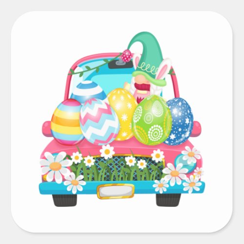 Happy Easter Egg Gnomes Bunny Truck Square Sticker