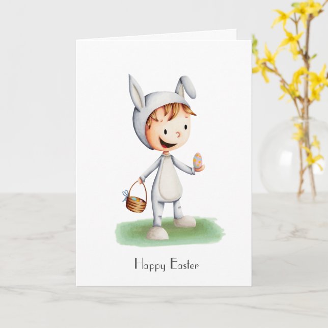 Happy Easter Egg Hunt Boy with Bunny Costume Card (Yellow Flower)