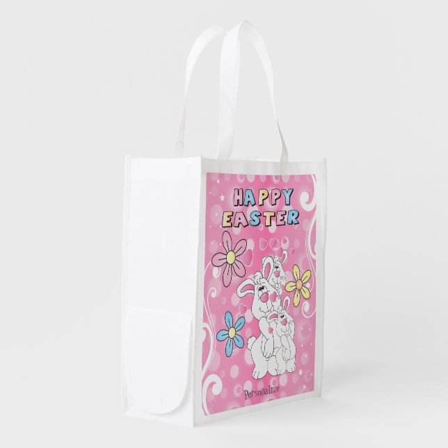 Happy Easter Egg Hunt Bunny Fun - Pink Grocery Bag (Front Side)