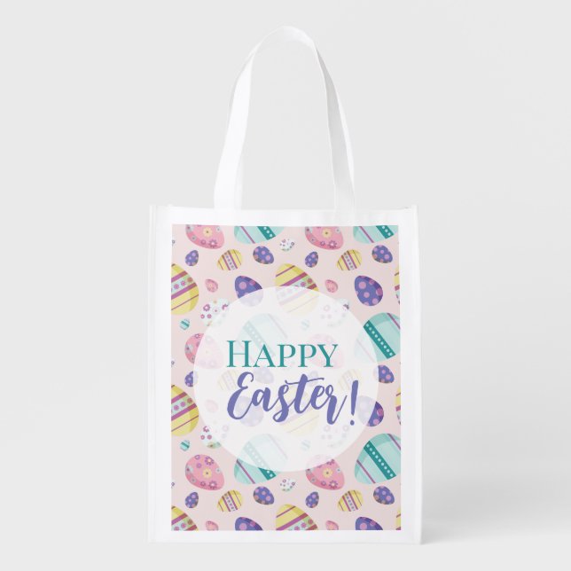 Happy Easter Egg Hunt Pattern Colorful pastel  Grocery Bag (Front)