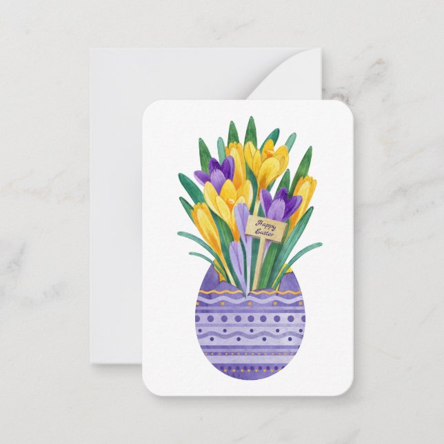 Happy Easter Egg & Purple Yellow Crocus Flowers Note Card (Front)