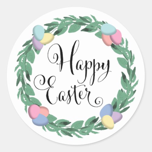 Happy Easter Egg Wreath Botanical Foliage Classic Round Sticker