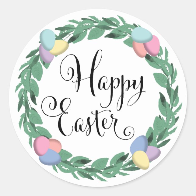 Happy Easter Egg Wreath Botanical Foliage Classic Round Sticker (Front)