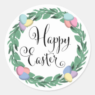 Happy Easter Egg Wreath Botanical Foliage Classic Round Sticker