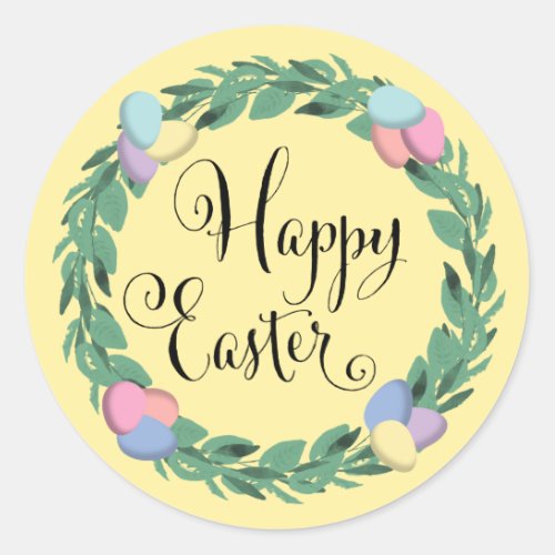 Happy Easter Egg Wreath Botanical Foliage Classic Round Sticker