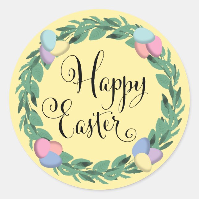 Happy Easter Egg Wreath Botanical Foliage Classic Round Sticker (Front)