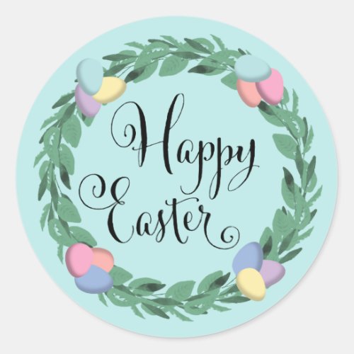 Happy Easter Egg Wreath Botanical Foliage Classic Round Sticker